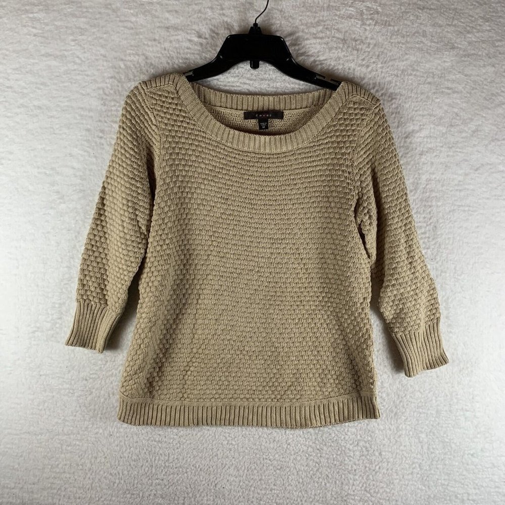 Fever Sweater Women's Medium Beige Cotton Long Sleeve Popcorn Knit Pullover 7937